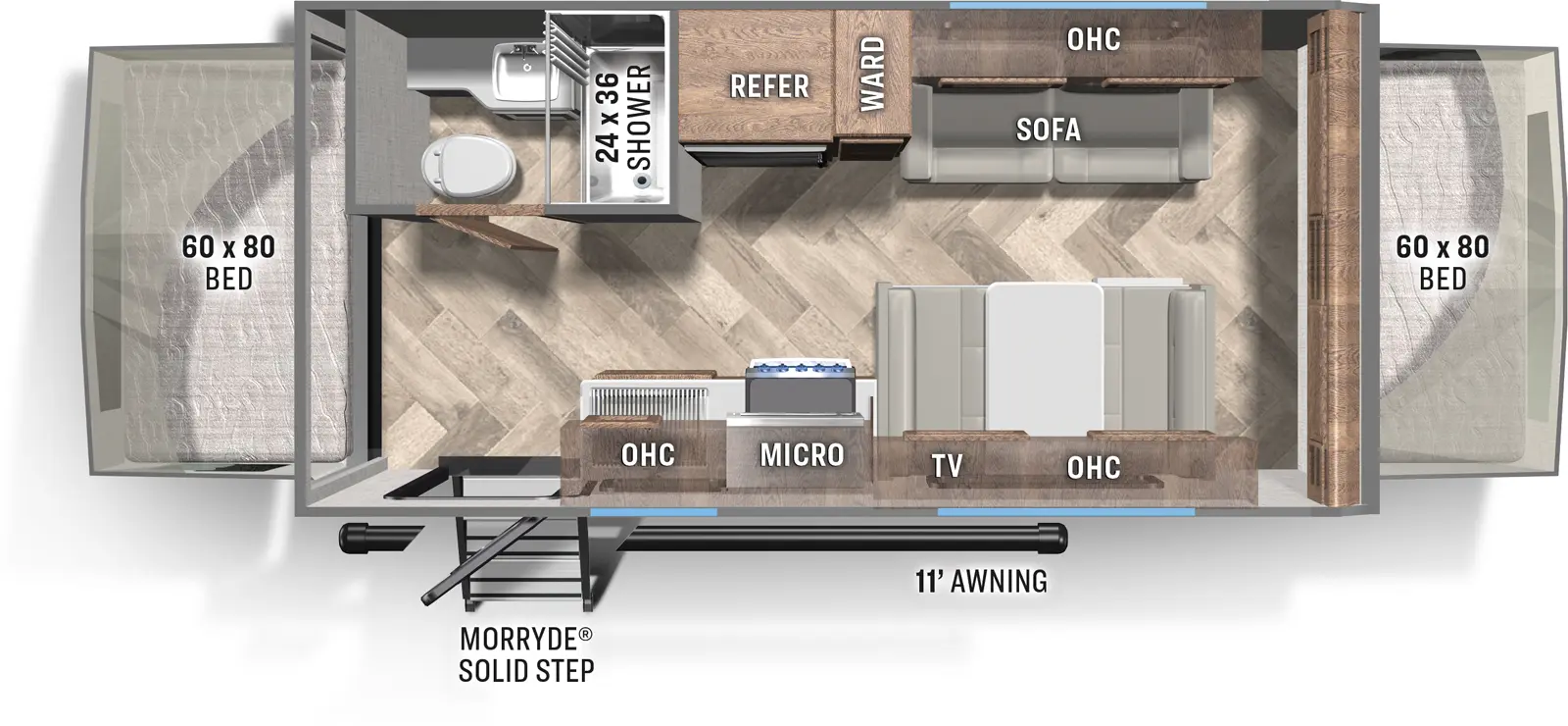 The 163H has zero slide outs and one entry. The exterior features an 11 foot awning and MORryde Solid Step. The interior layout front to back: front expandable bed; off door side sofa with overhead cabinet, wardrobe, and refrigerator; door side dinette with overhead cabinet, TV, kitchen with microwave and overhead cabinet, and entry; off door side full bathroom with shower; rear expandable bed. 